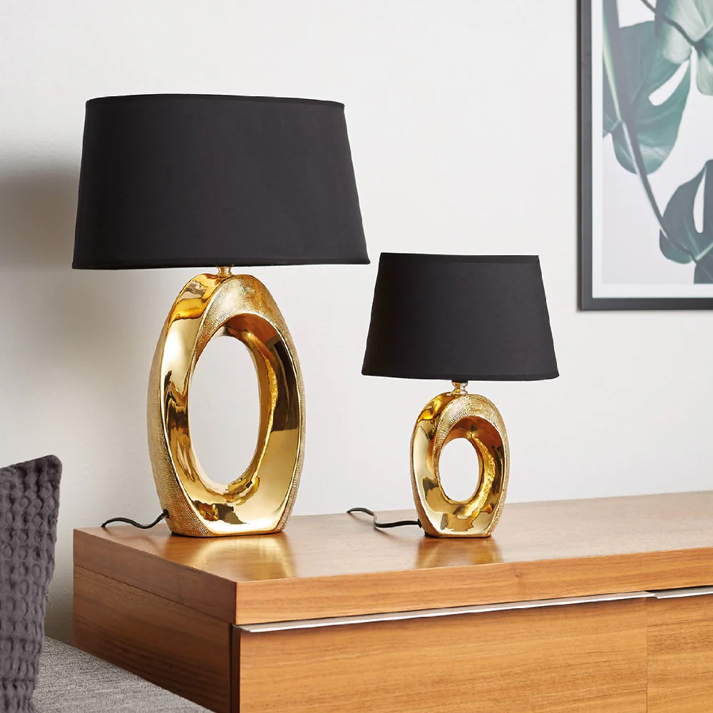 Gold Modern Table Lamp with Black Cotton Shade with Gold Inner 33cm - Image 3