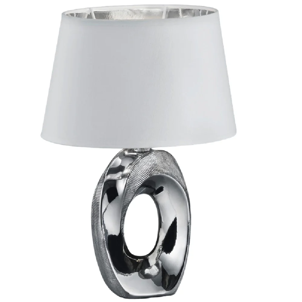Polished Chrome Modern Table Lamp with White Cotton Shade with Silver Inner 33cm