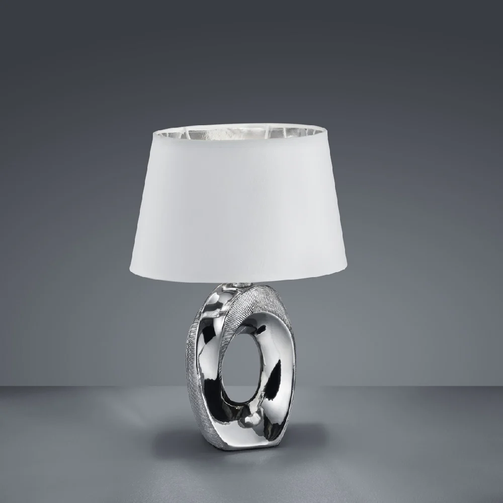 Polished Chrome Modern Table Lamp with White Cotton Shade with Silver Inner 33cm - Image 2