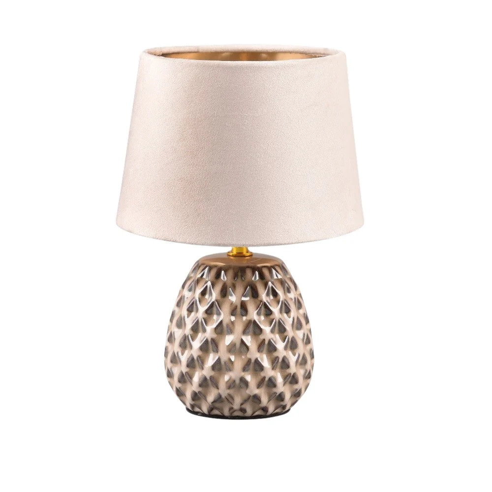 Beige and Cream Ceramic Pine Cone Table Lamp with Beige Velvet Shade 27cm