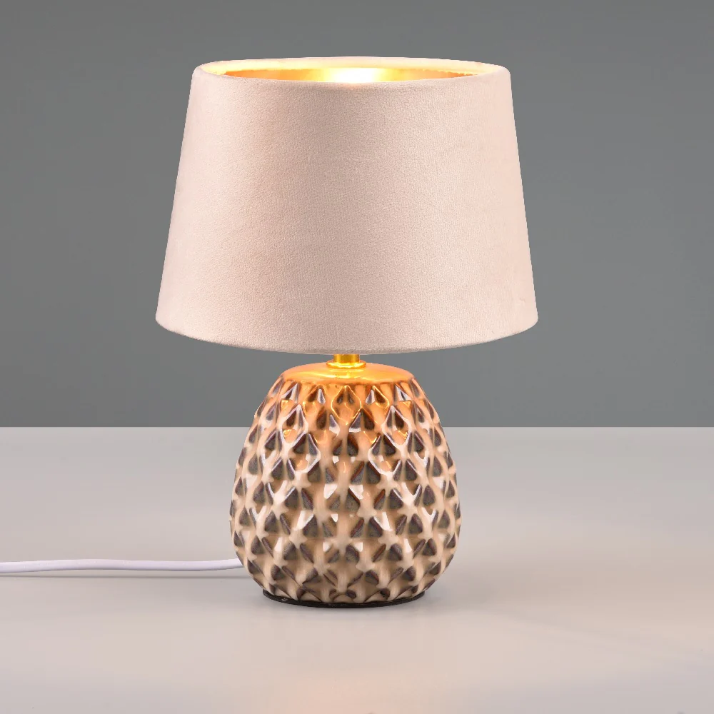 Beige and Cream Ceramic Pine Cone Table Lamp with Beige Velvet Shade 27cm - Image 3