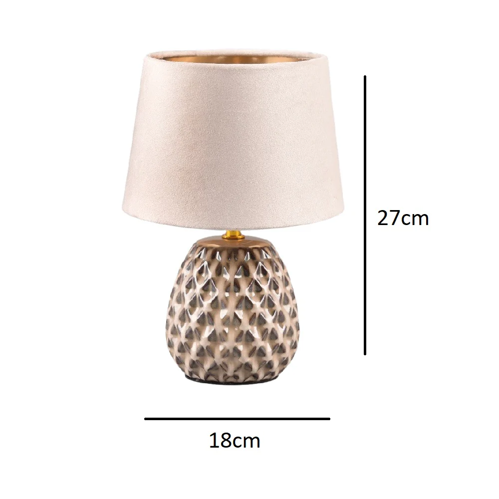 Beige and Cream Ceramic Pine Cone Table Lamp with Beige Velvet Shade 27cm - Image 4