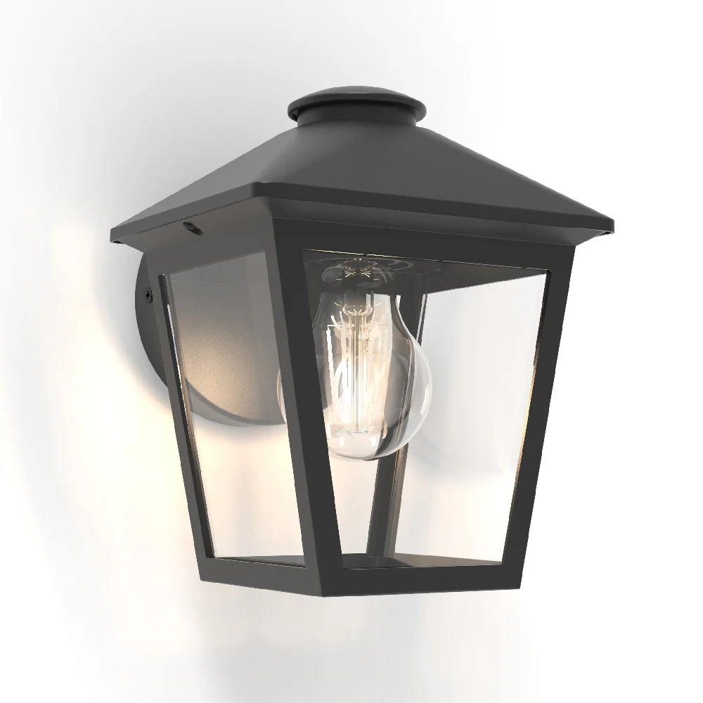Matt Black & Glass Panel Outdoor Vintage Tapered Cube Down Lantern Wall Light IP44