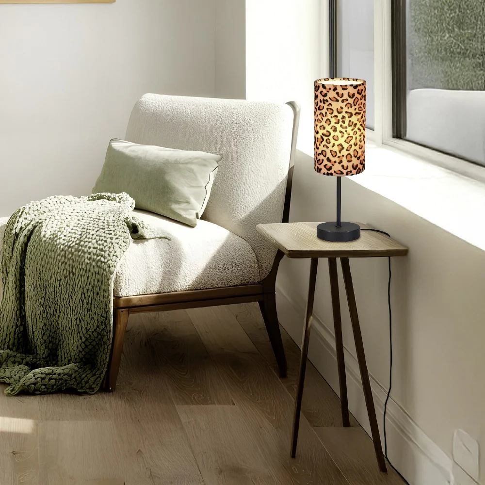 Black Metal Modern Table Lamp with Leopard Print Cotton Shade 365mm - Image 4