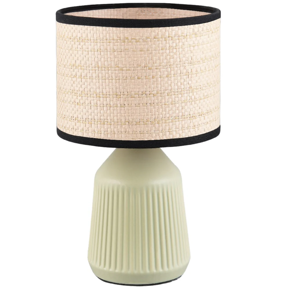 Soft Green Ceramic Modern Table Lamp with Natural Rattan Shade and Black Trim 265mm