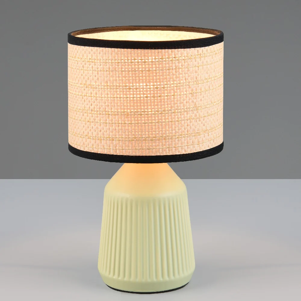 Soft Green Ceramic Modern Table Lamp with Natural Rattan Shade and Black Trim 265mm - Image 3