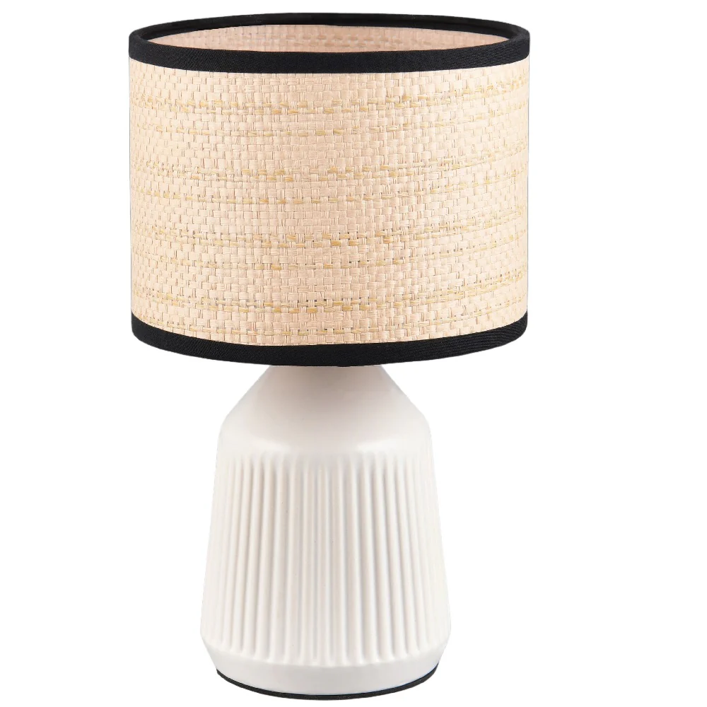 White Modern Table Lamp with Natural Rattan Shade and Black Trim 265mm