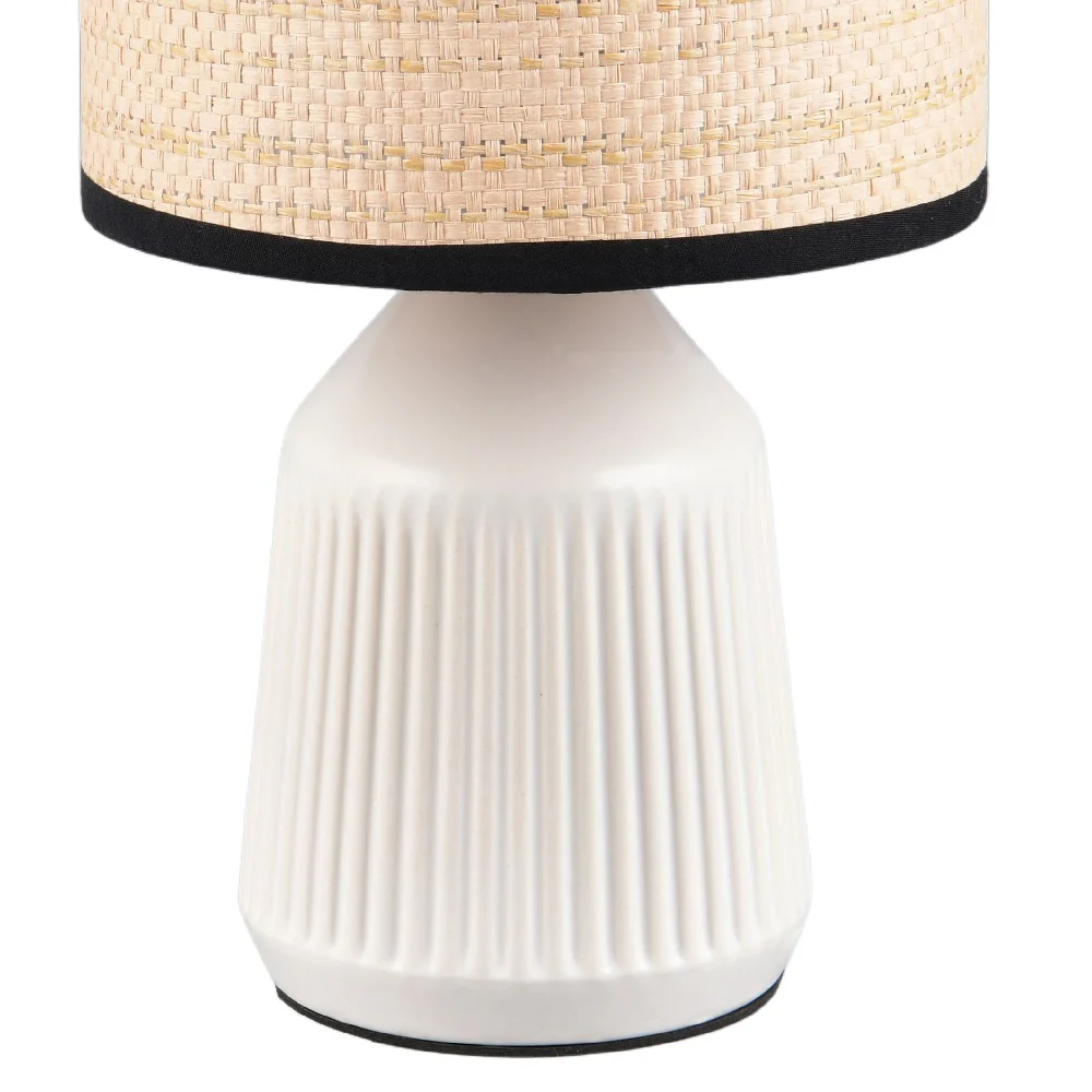 White Modern Table Lamp with Natural Rattan Shade and Black Trim 265mm - Image 2