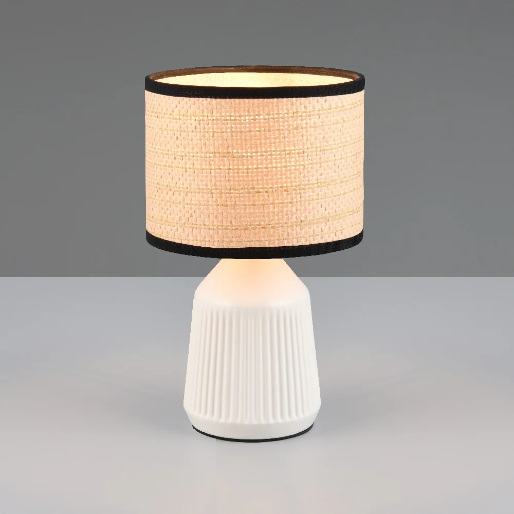 White Modern Table Lamp with Natural Rattan Shade and Black Trim 265mm - Image 3