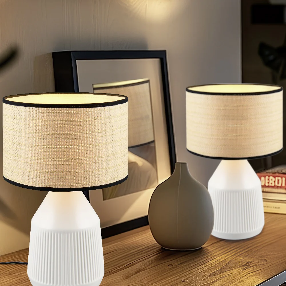 White Modern Table Lamp with Natural Rattan Shade and Black Trim 265mm - Image 4