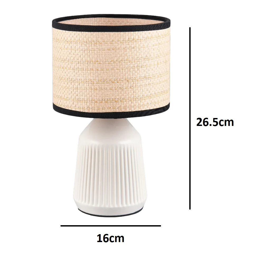 White Modern Table Lamp with Natural Rattan Shade and Black Trim 265mm - Image 5