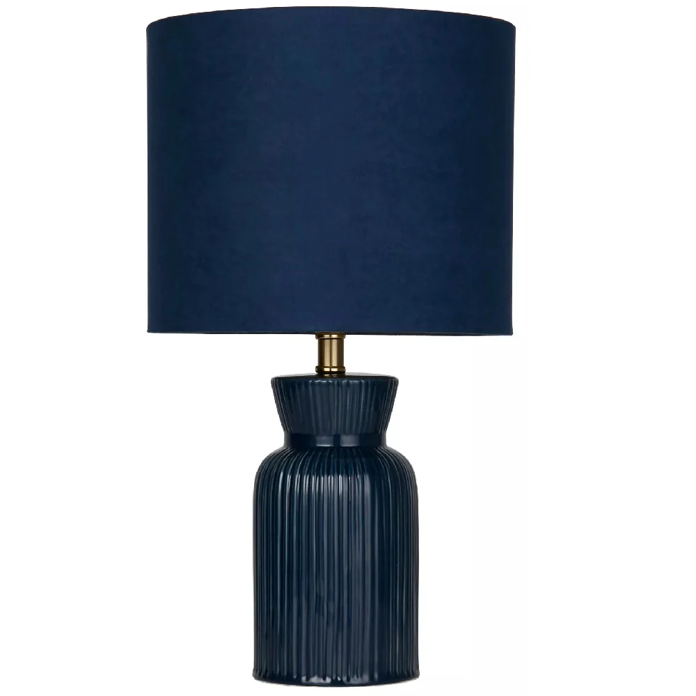 Navy Blue Ribbed Ceramic Vintage Table Lamp with Navy Velvet Drum Shade 38cm