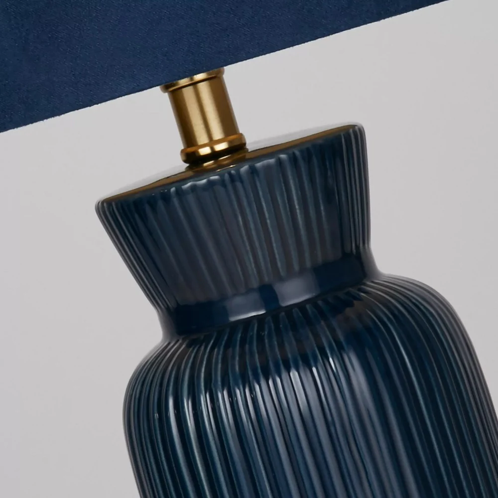 Navy Blue Ribbed Ceramic Vintage Table Lamp with Navy Velvet Drum Shade 38cm - Image 3