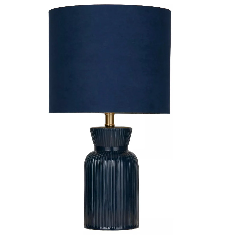 Navy Blue Ribbed Ceramic Vintage Table Lamp with Navy Velvet Drum Shade 38cm - Image 4