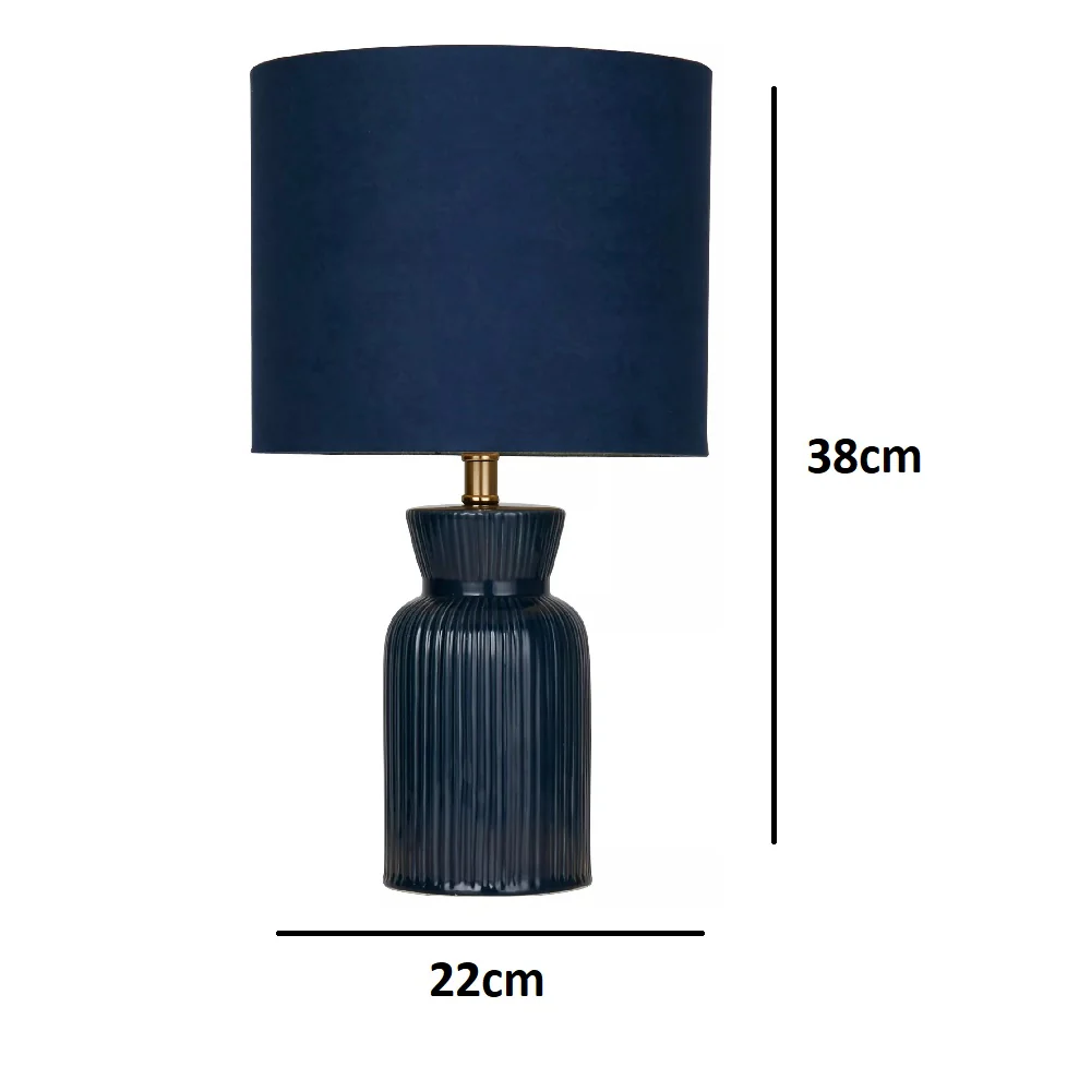 Navy Blue Ribbed Ceramic Vintage Table Lamp with Navy Velvet Drum Shade 38cm - Image 5