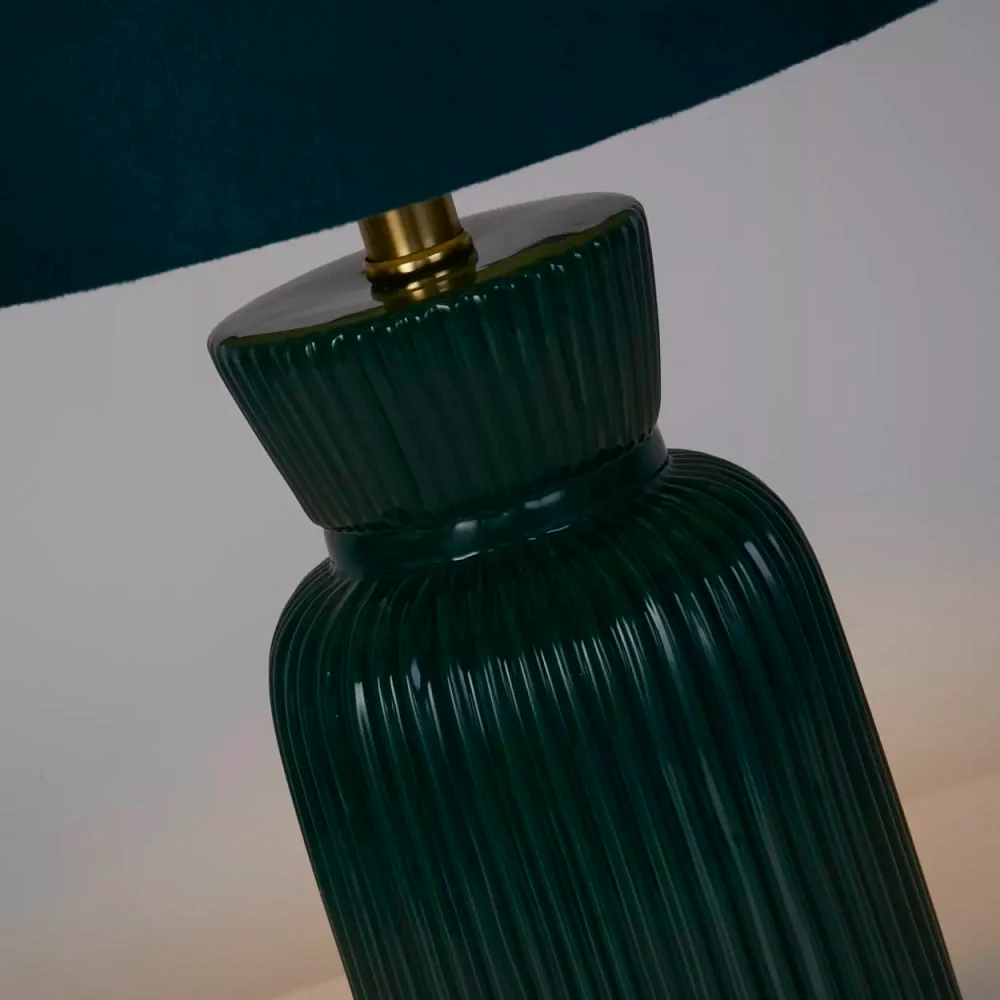 Emerald Green Ribbed Ceramic Vintage Table Lamp with Velvet Drum Shade 38cm - Image 3
