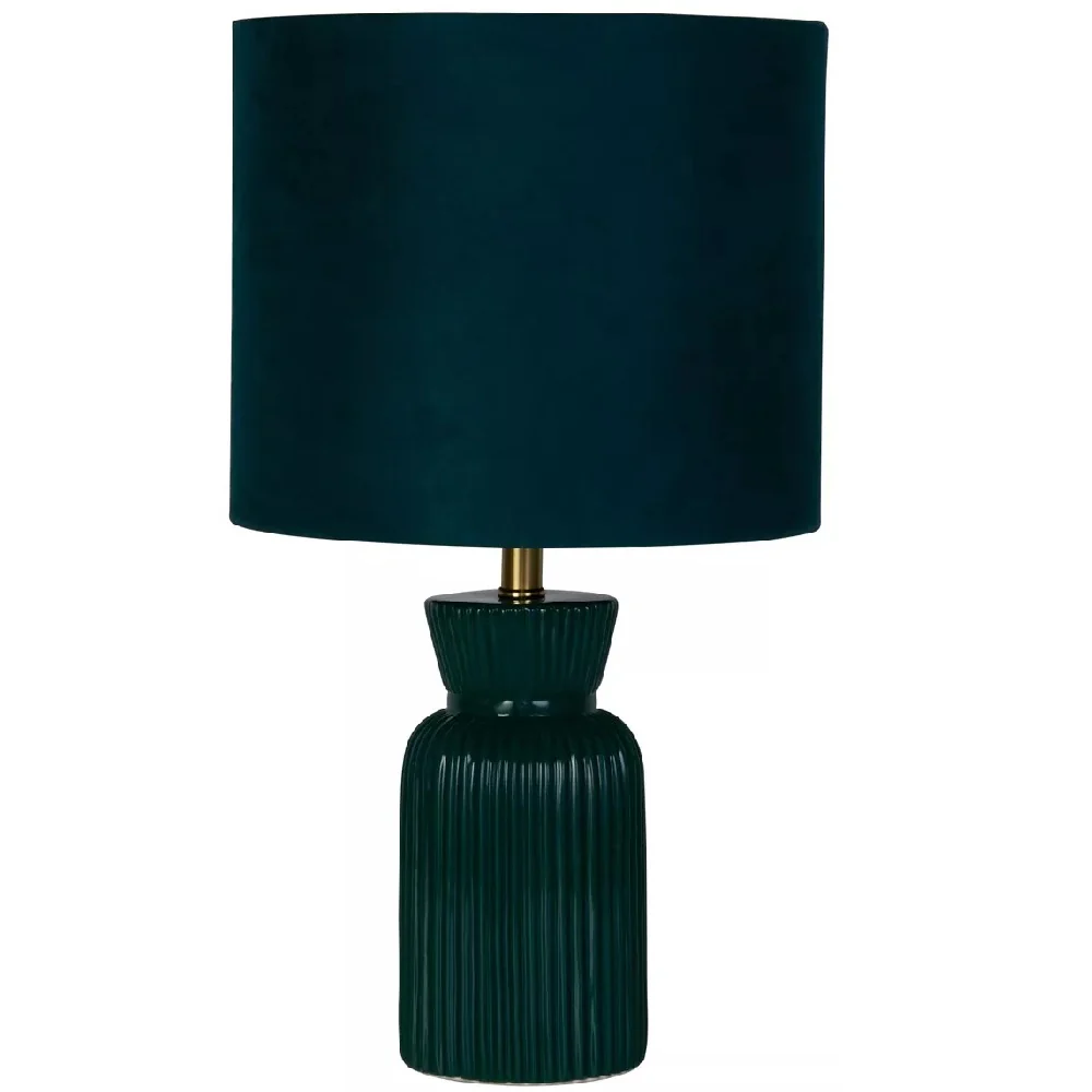 Emerald Green Ribbed Ceramic Vintage Table Lamp with Velvet Drum Shade 38cm - Image 4