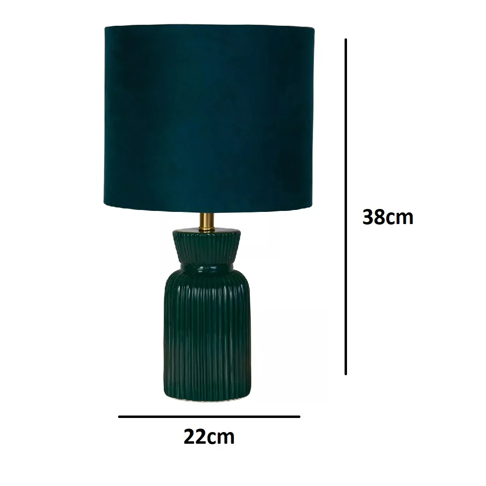 Emerald Green Ribbed Ceramic Vintage Table Lamp with Velvet Drum Shade 38cm - Image 5