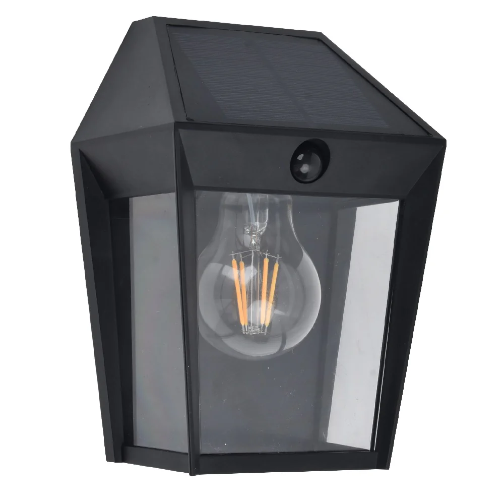 LED Matt Black Vintage Solar Down Lantern Wall Light with PIR IP44