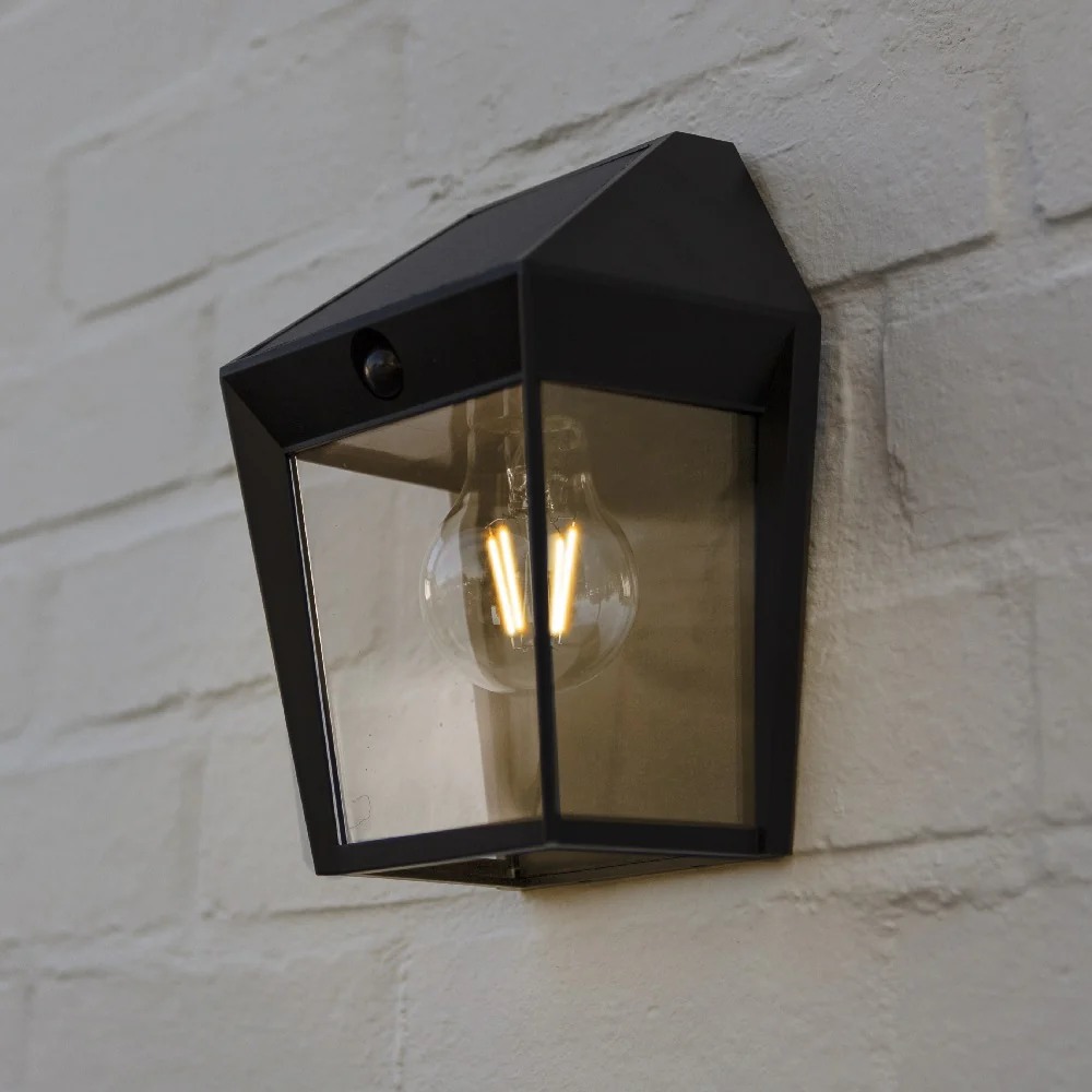LED Matt Black Vintage Solar Down Lantern Wall Light with PIR IP44 - Image 2