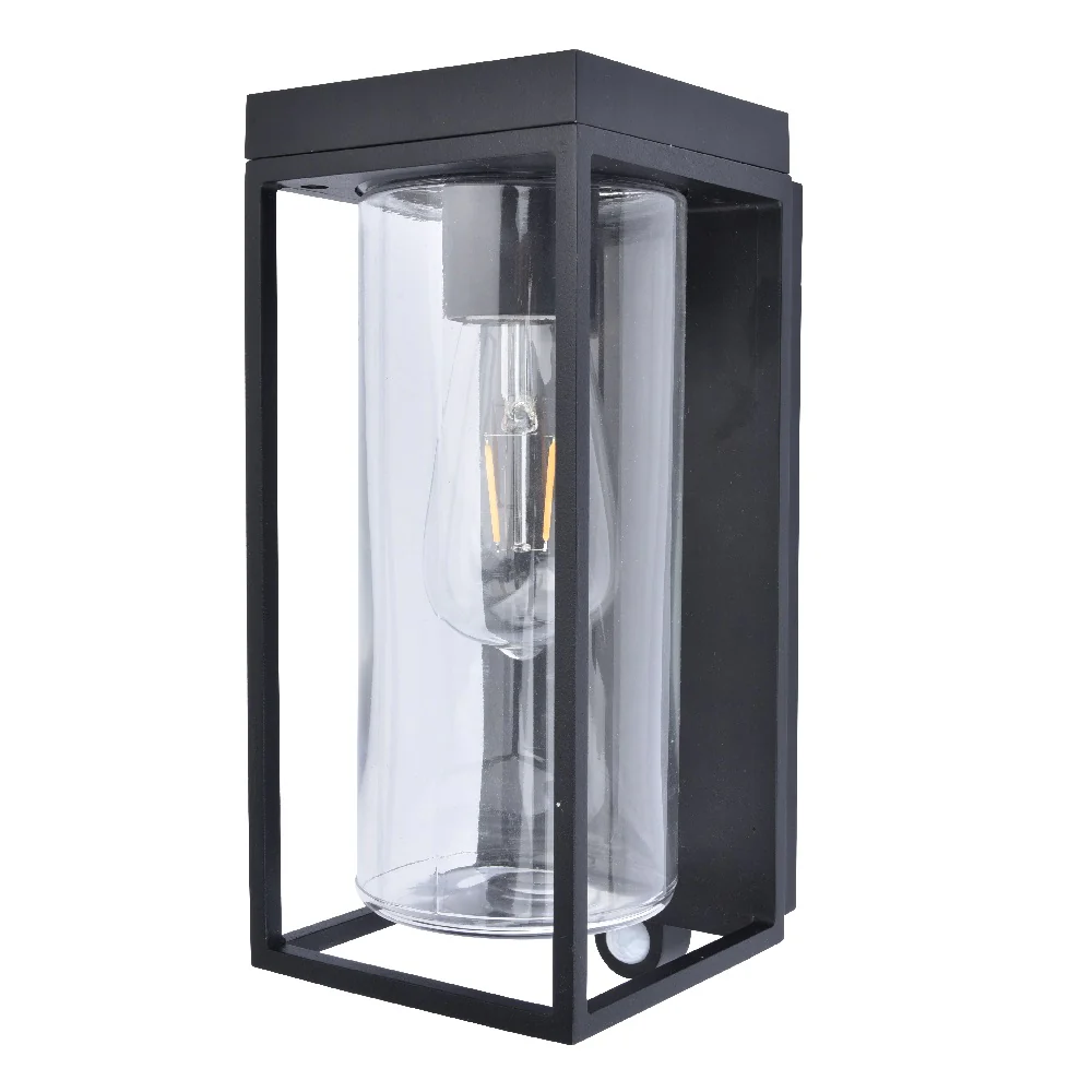 LED Matt Black Outdoor Vintage Solar Rectangular Lantern Wall Light with PIR IP44