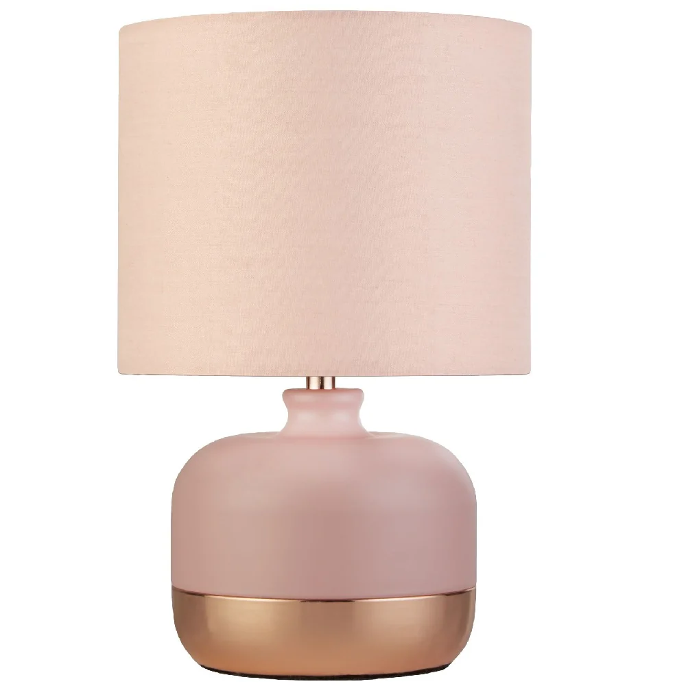 Blush Pink Ceramic & Copper Band Base Vintage Table Lamp with Cotton Shade 27cm