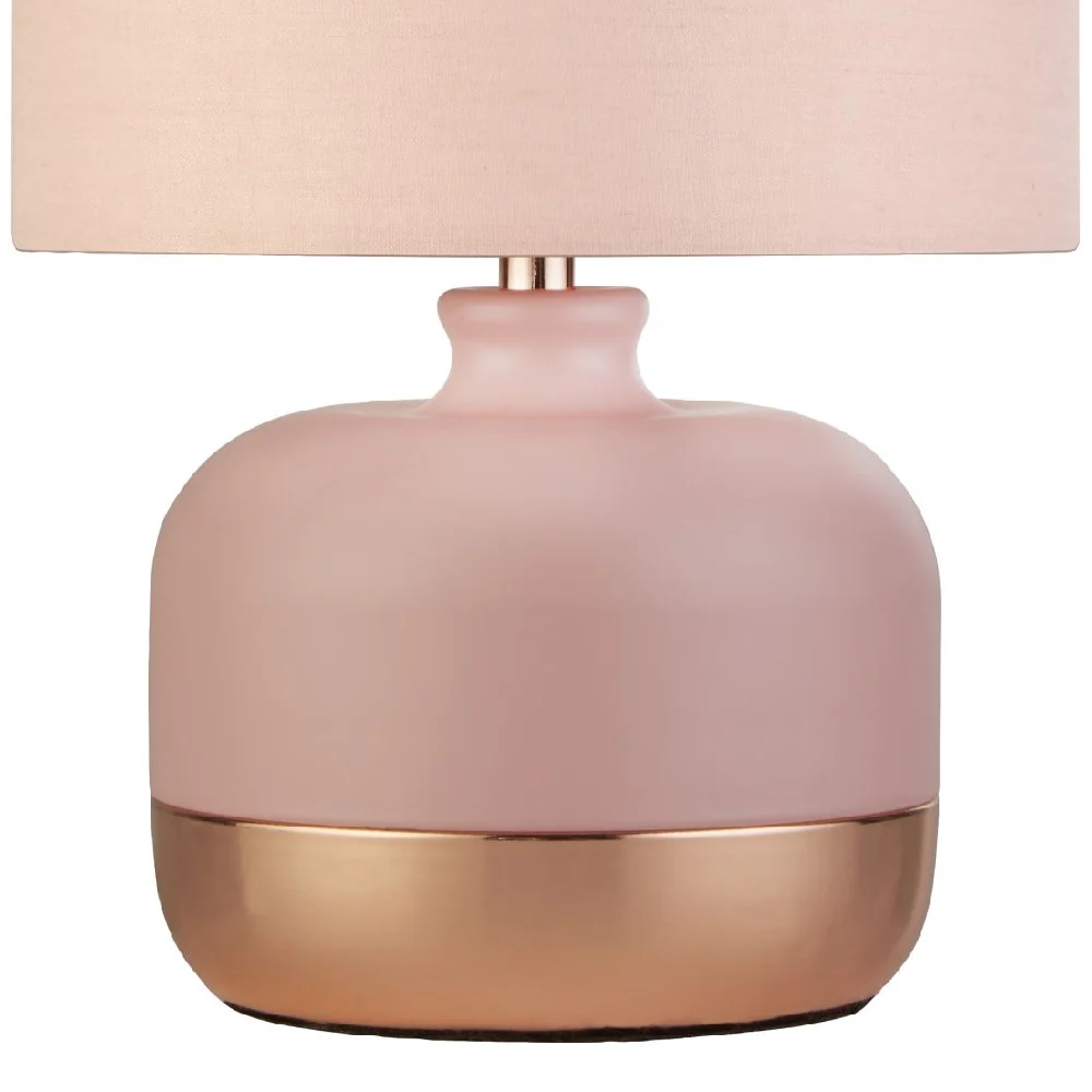 Blush Pink Ceramic & Copper Band Base Vintage Table Lamp with Cotton Shade 27cm - Image 3