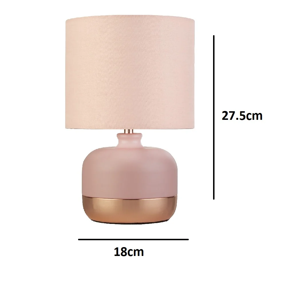 Blush Pink Ceramic & Copper Band Base Vintage Table Lamp with Cotton Shade 27cm - Image 4