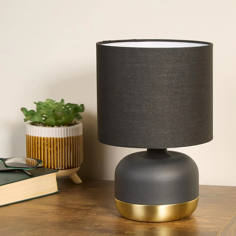 Black and Gold Modern Touch Table Lamp with Black Cotton Shade 27cm - Image 3