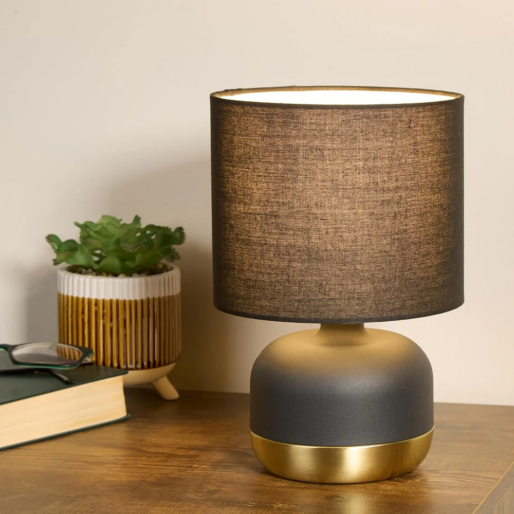Black and Gold Modern Touch Table Lamp with Black Cotton Shade 27cm - Image 5