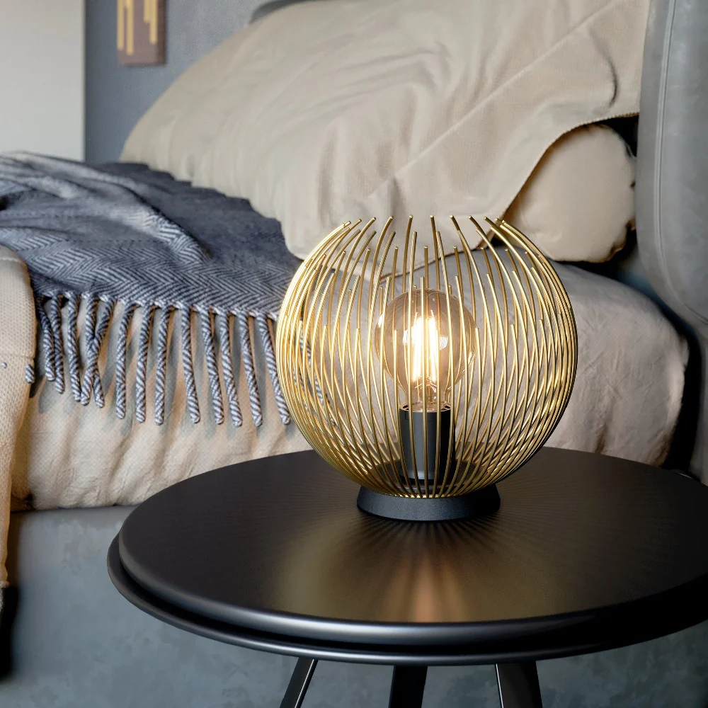 Black and Gold Metal Modern Round Wire Cage Table Lamp 23cm - Image 2