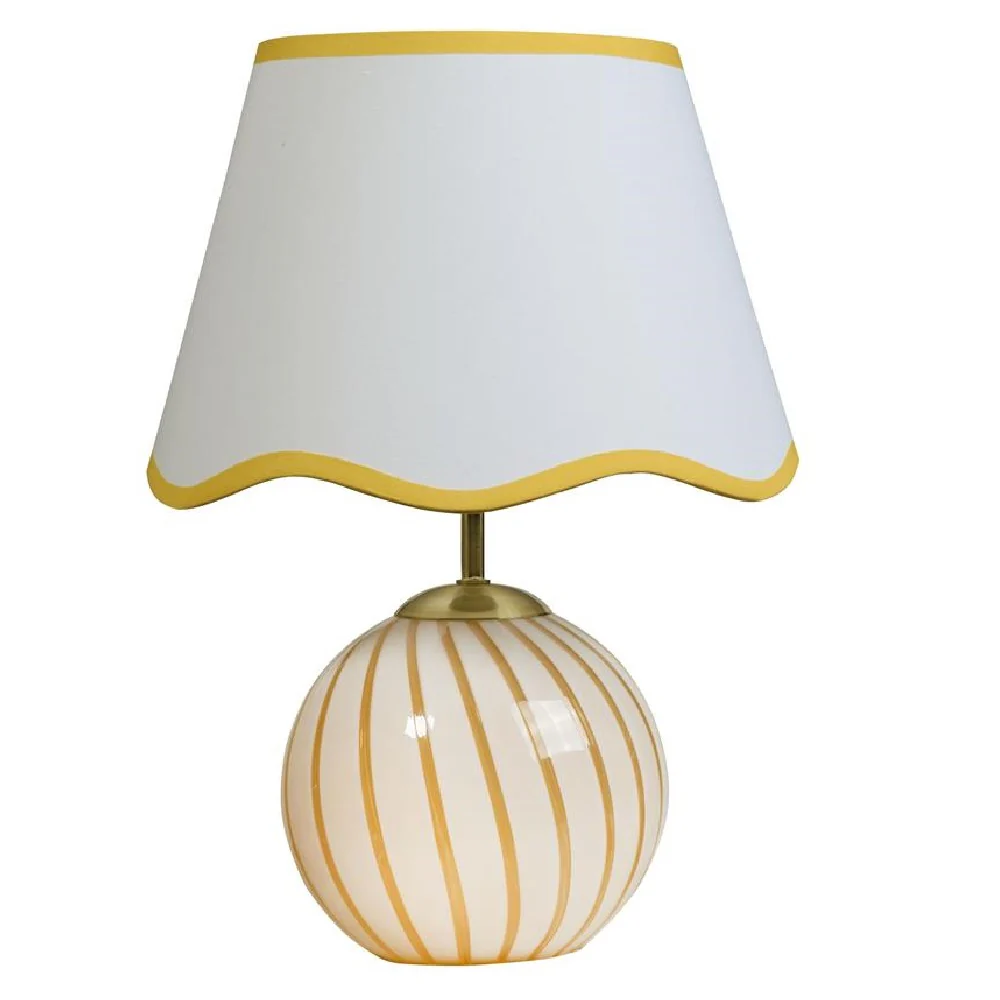 Yellow and White Stripe Glass Vintage Table lamp with White Scalloped Shade 32cm