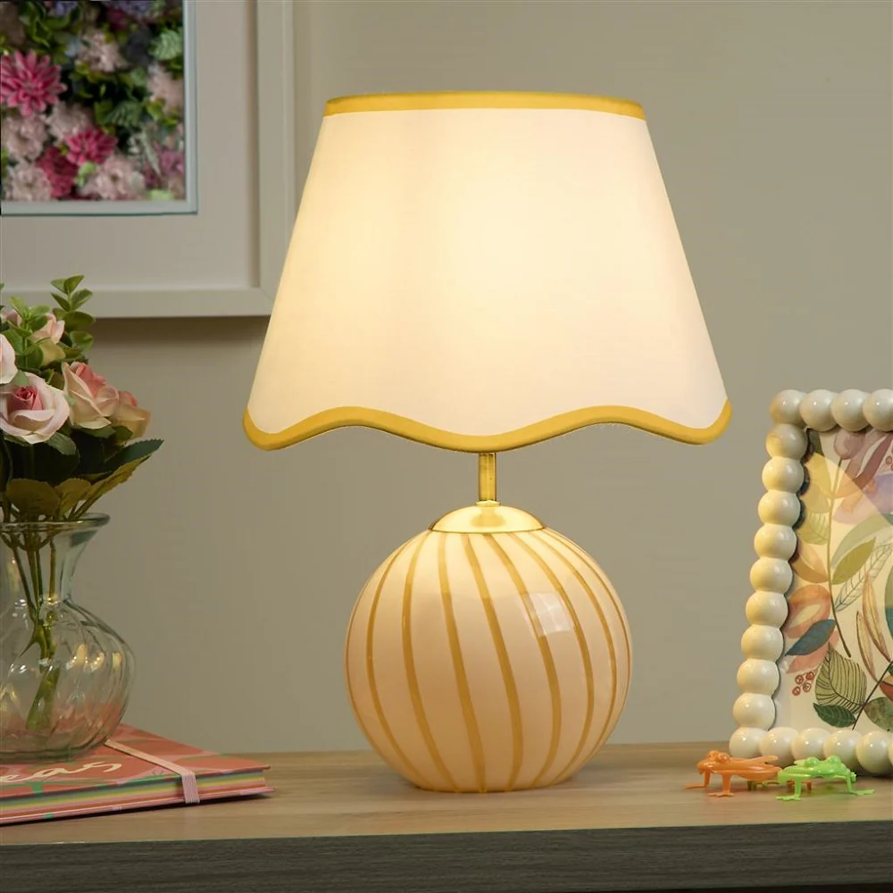 Yellow and White Stripe Glass Vintage Table lamp with White Scalloped Shade 32cm - Image 4