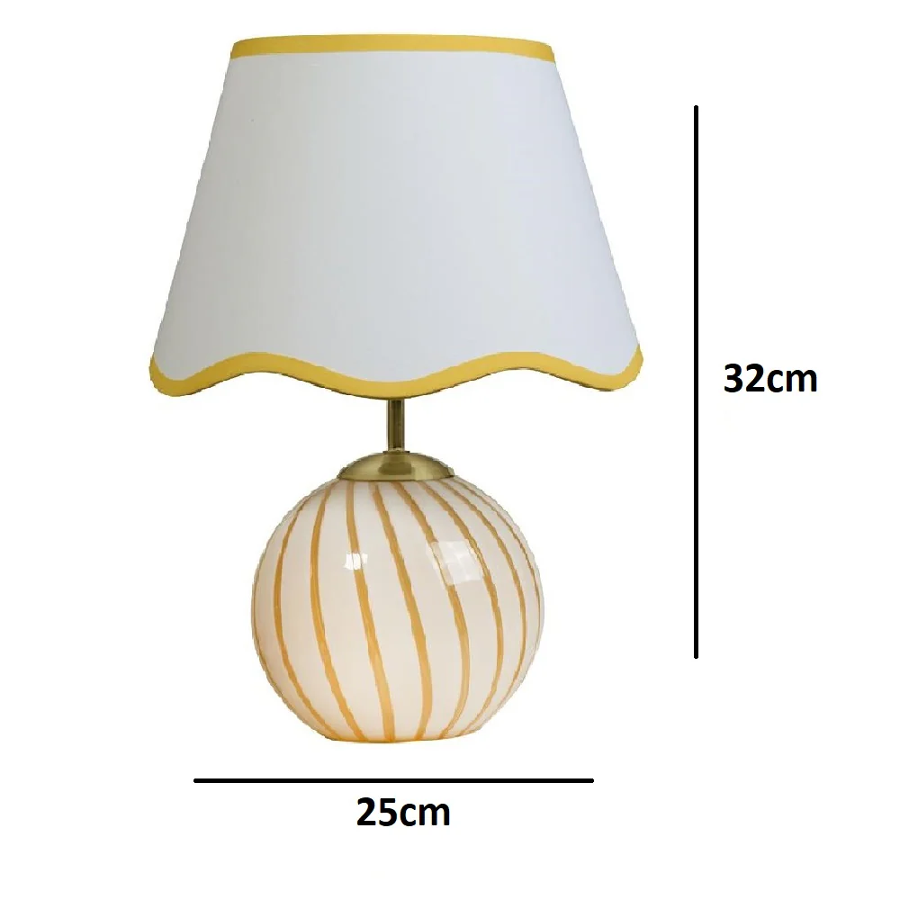 Yellow and White Stripe Glass Vintage Table lamp with White Scalloped Shade 32cm - Image 5
