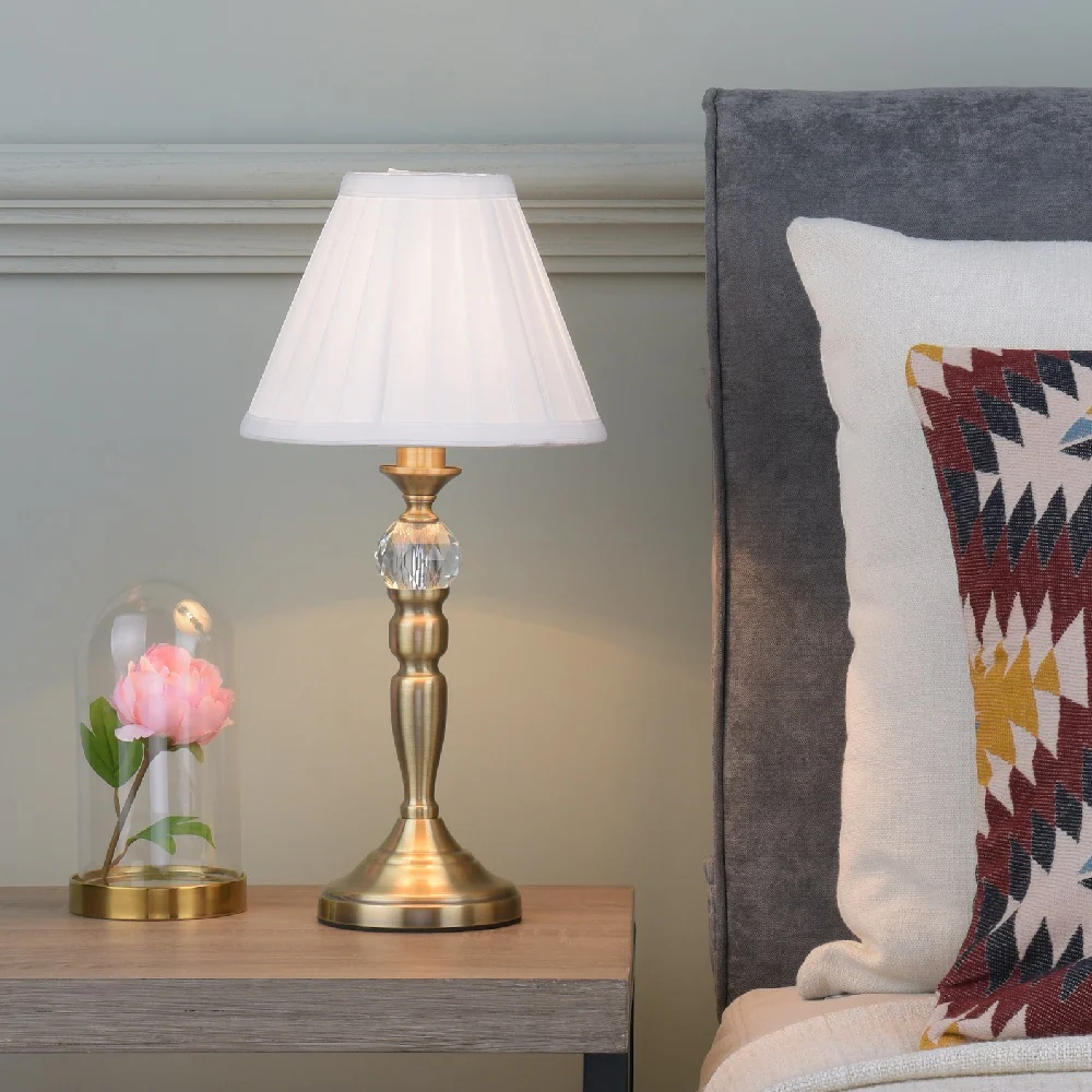 Antique Brass Vintage Touch Table Lamp with with Crystal Design and White Pleated Shade 40cm - Image 3