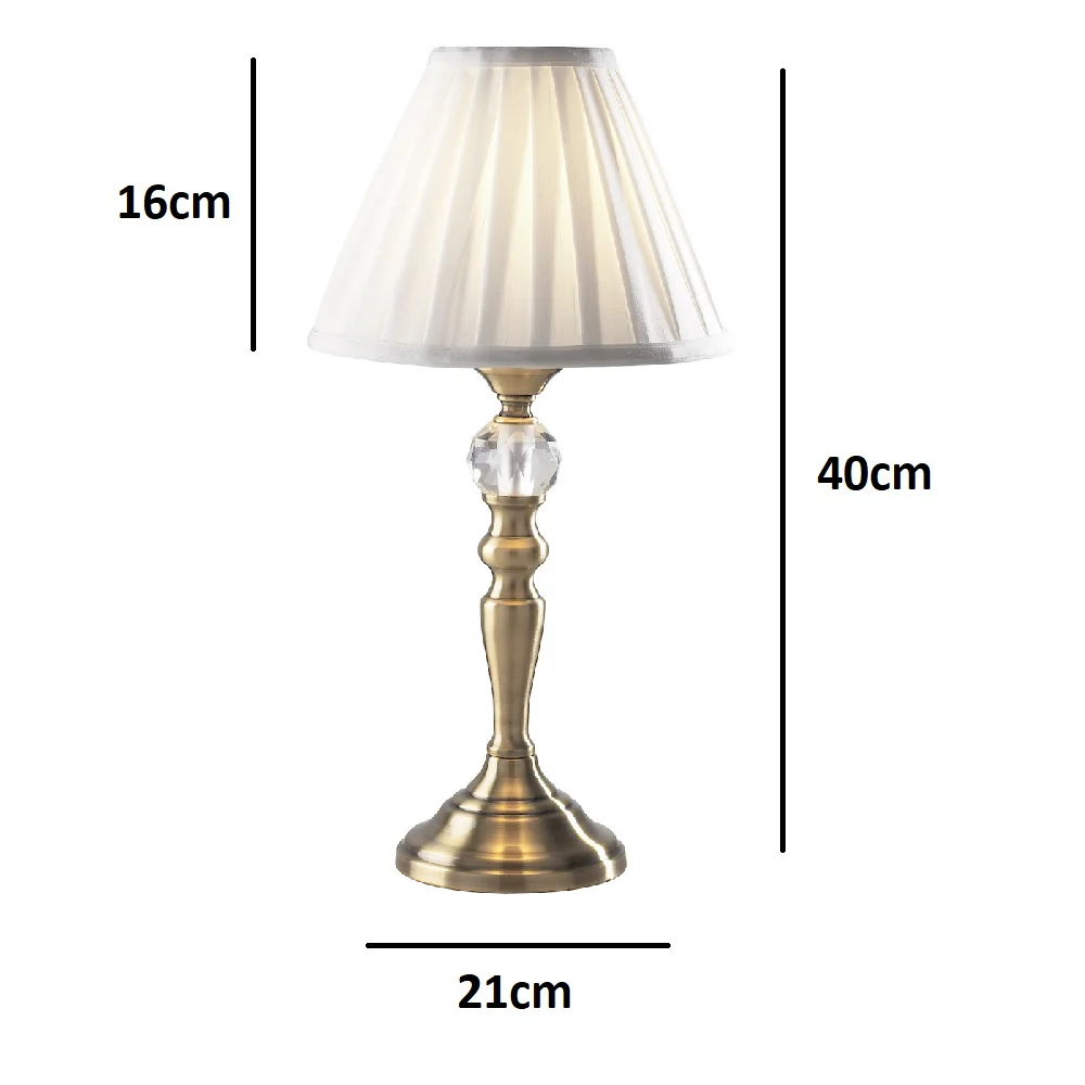 Antique Brass Vintage Touch Table Lamp with with Crystal Design and White Pleated Shade 40cm - Image 4