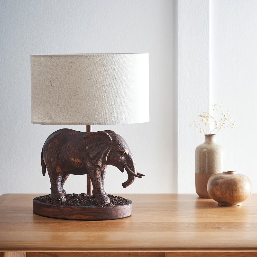 Antique Copper Resin Elephant Table Lamp with Natural Oval Drum Shade 33cm - Image 3
