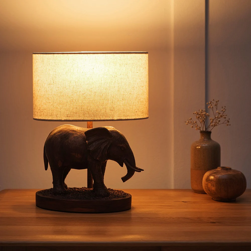 Antique Copper Resin Elephant Table Lamp with Natural Oval Drum Shade 33cm - Image 4
