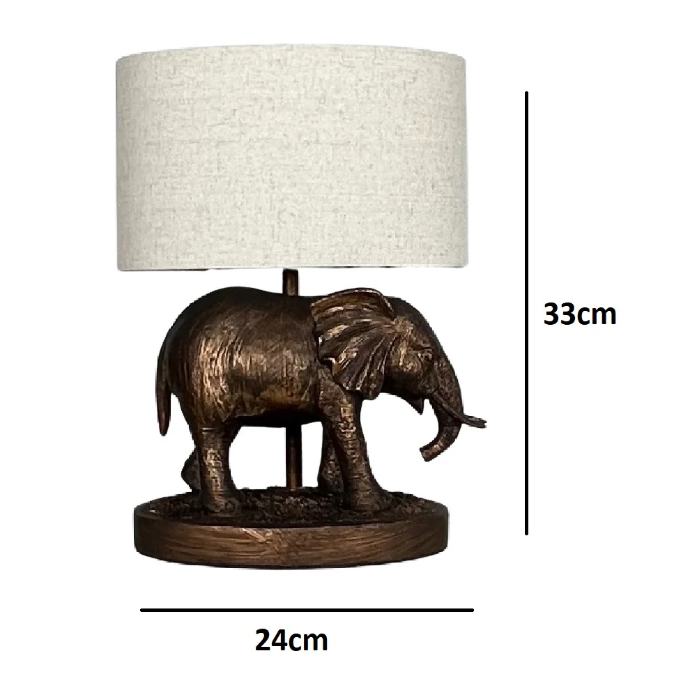 Antique Copper Resin Elephant Table Lamp with Natural Oval Drum Shade 33cm - Image 5