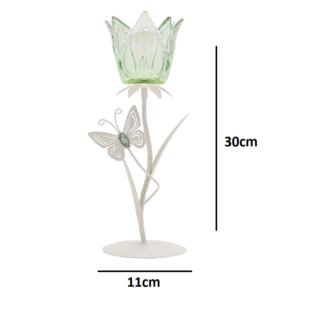 Britalia Cream Metal and Green Glass Single Stem Flowers Tea Light Candle Holder 37cm - Image 4