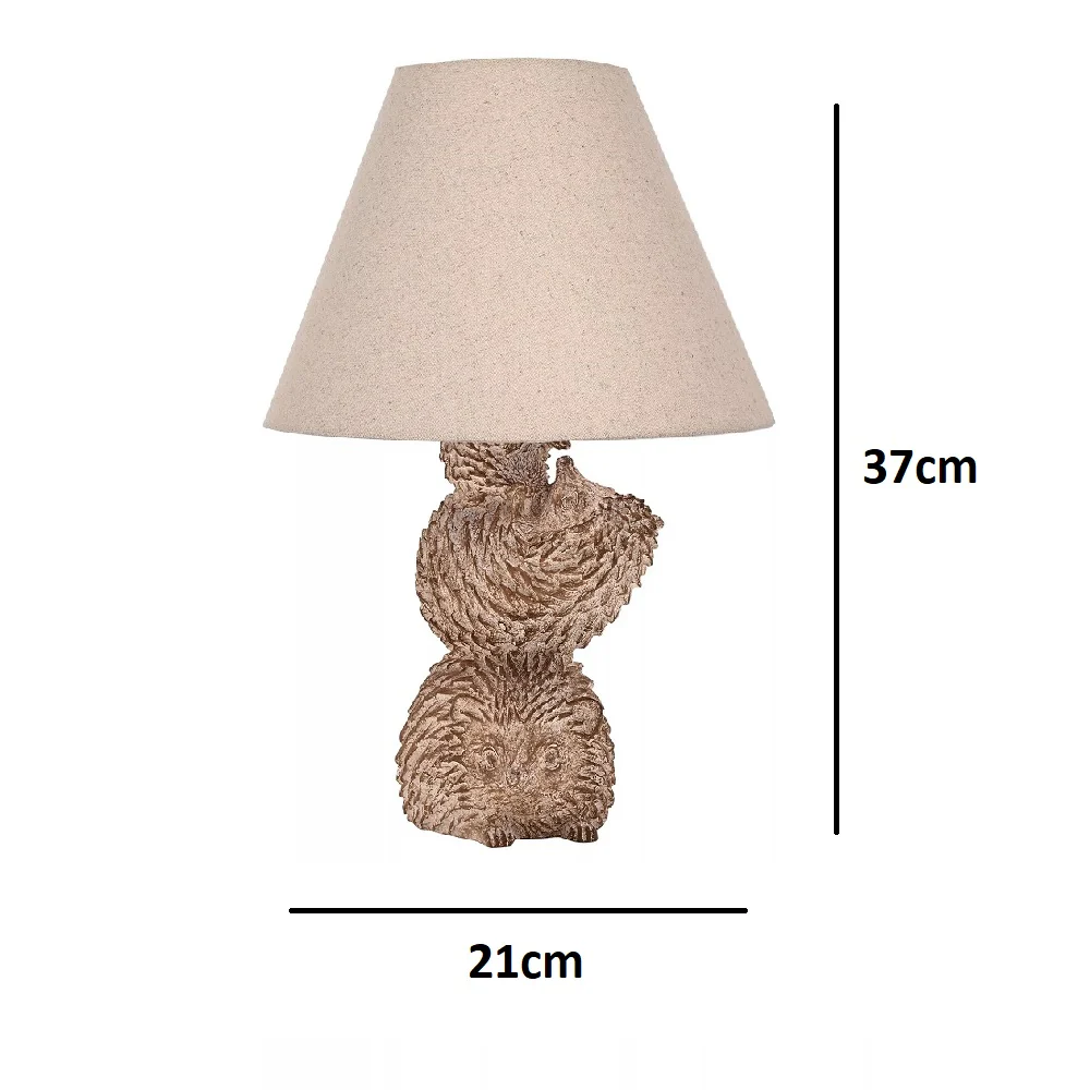 Wood Effect Hedgehog Table Lamp with Beige Fabric Tapered Shade 370mm - Image 3
