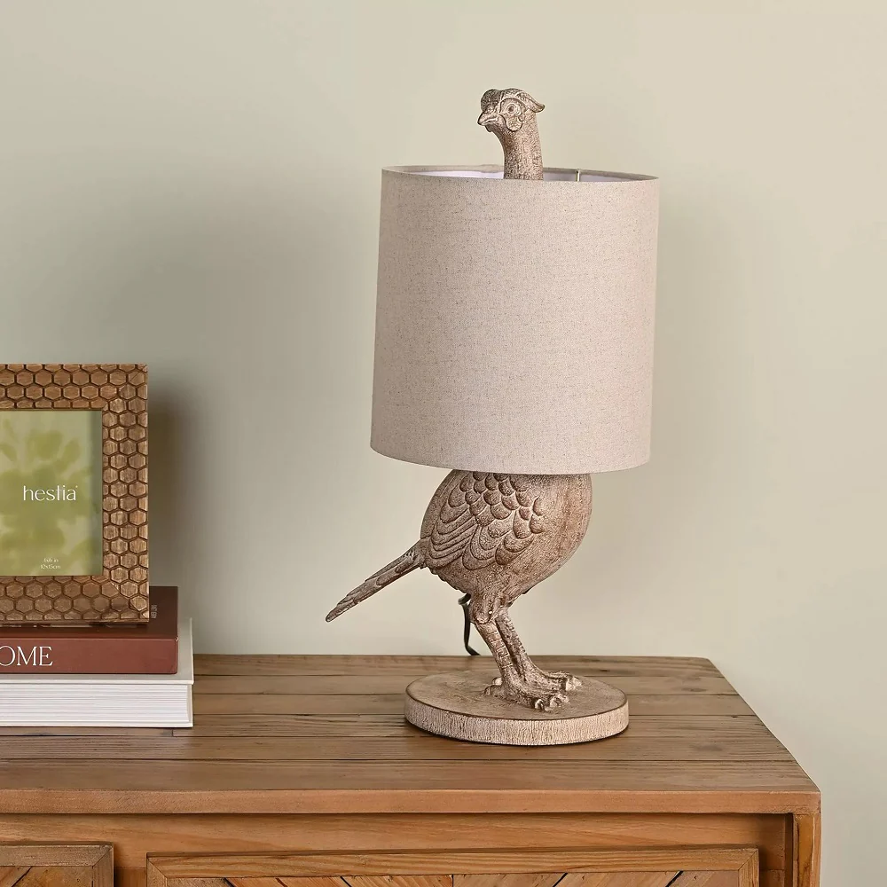 Wood Effect Pheasant Table Lamp with Beige Fabric Drum Shade 400mm - Image 4