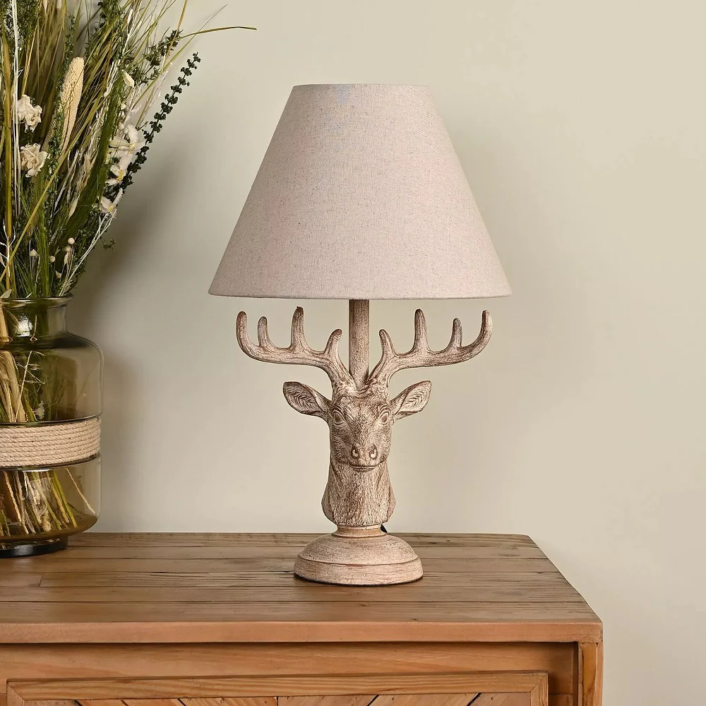 Wood Effect Rustic Stag Head Sculpture Vintage Table Lamp with Linen Shade 460mm - Image 3