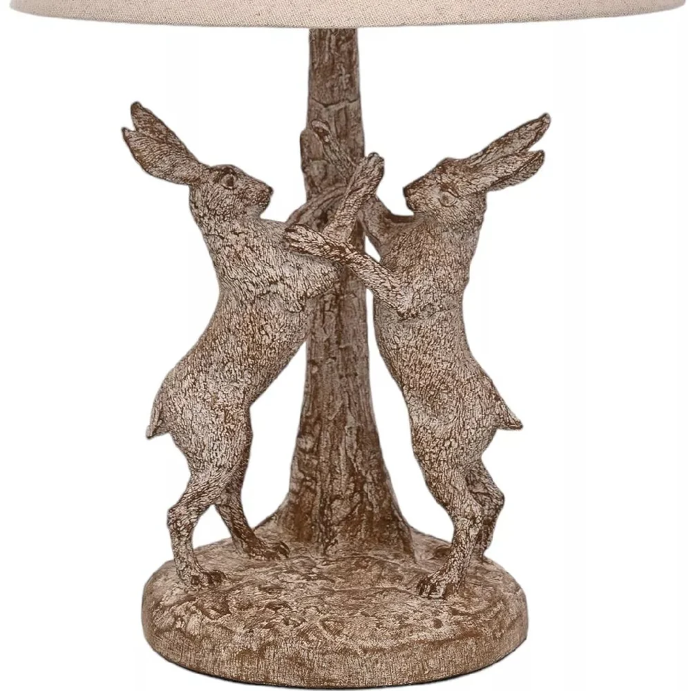 Wood Effect Marching Hares Sculpture Vintage Table Lamp with Beige Linen Shade 460mm - Image 2