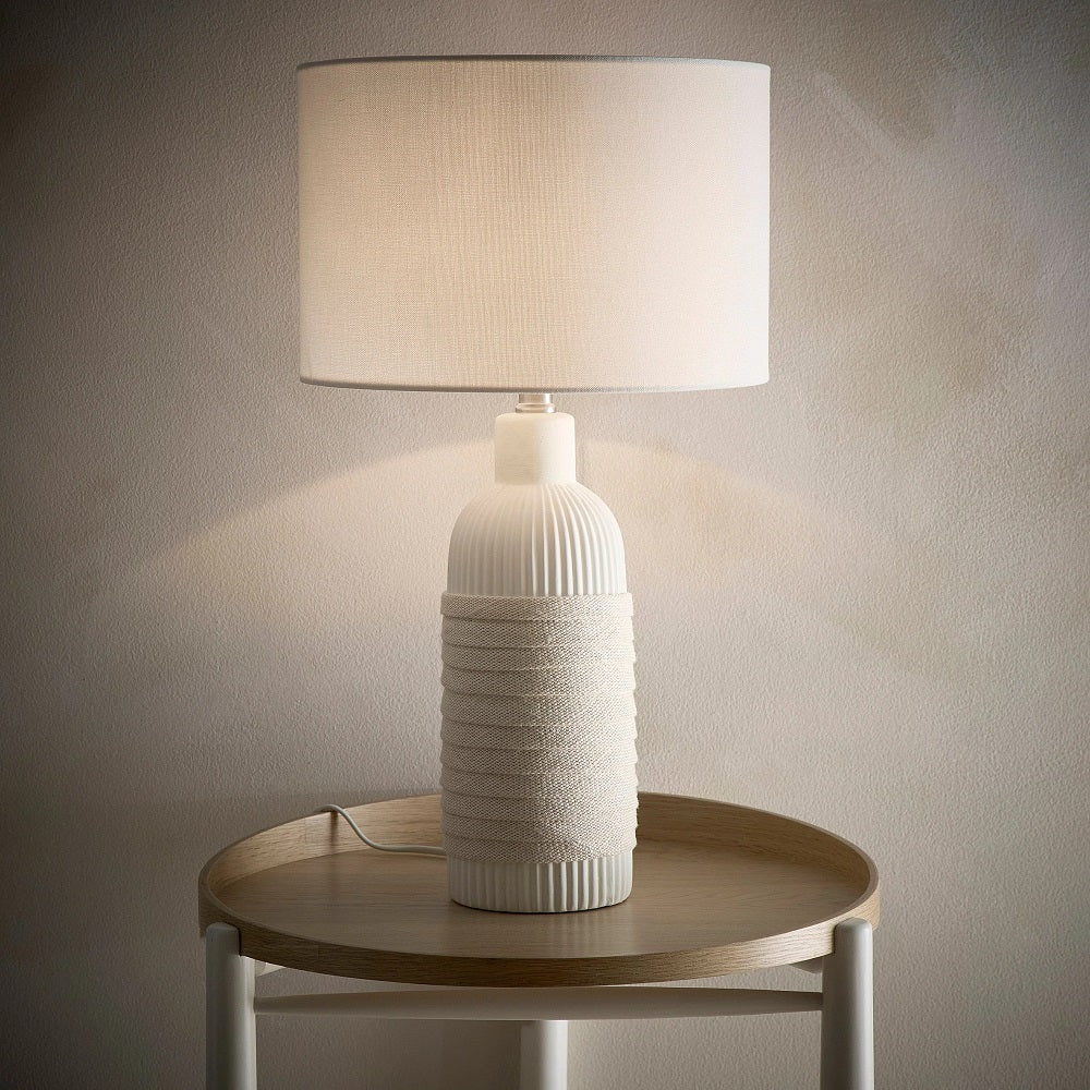 Cream Ribbed Ceramic with Rope Design Modern Cylinder Table Lamp with Cream Linen Shade 53cm - Image 4