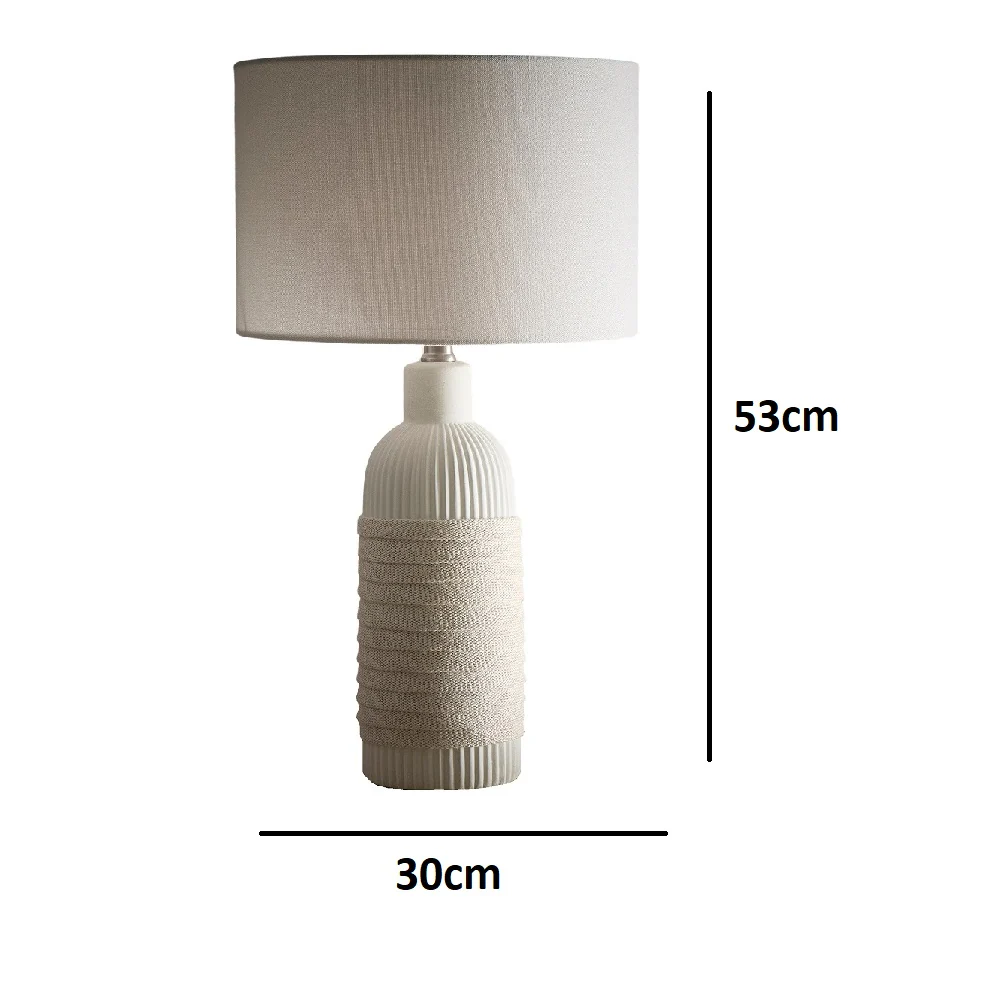 Cream Ribbed Ceramic with Rope Design Modern Cylinder Table Lamp with Cream Linen Shade 53cm - Image 5