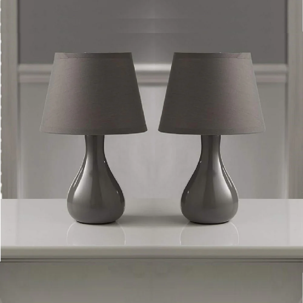 Grey Ceramic Teardrop Modern Table Lamp with Cotton Shade 29cm - Image 2
