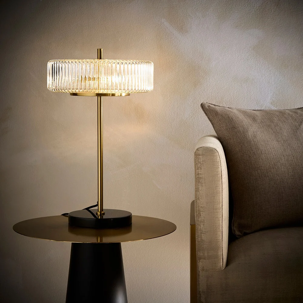 Black and Gold Modern Table Lamp with Clear Ribbed Glass and Marble Base 49cm - Image 3