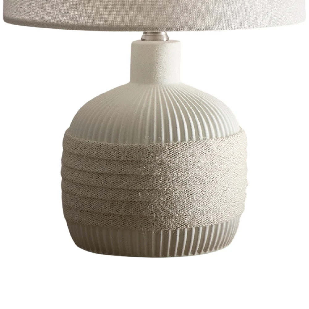 Cream Ribbed Ceramic with Rope Design Modern Table Lamp with Cream Linen Drum Lamp Shade 42cm - Image 2