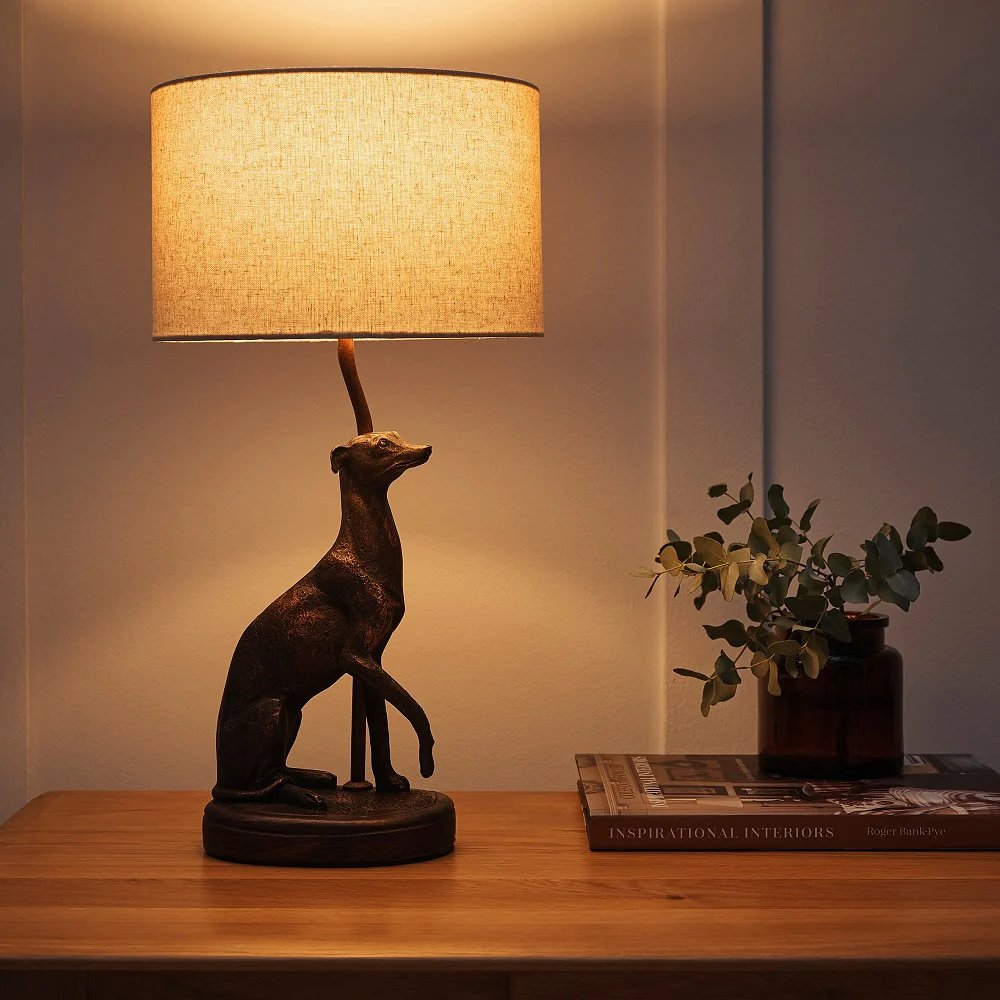 Antique Copper Greyhound Table Lamp with Natural Linen Drum Shade 48cm - Image 3